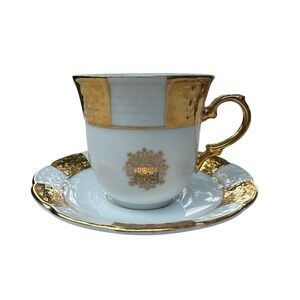 Thun TK Czechoslovakia Teacup & Saucer White Gold Gilt Porcelain Grandmillennial
